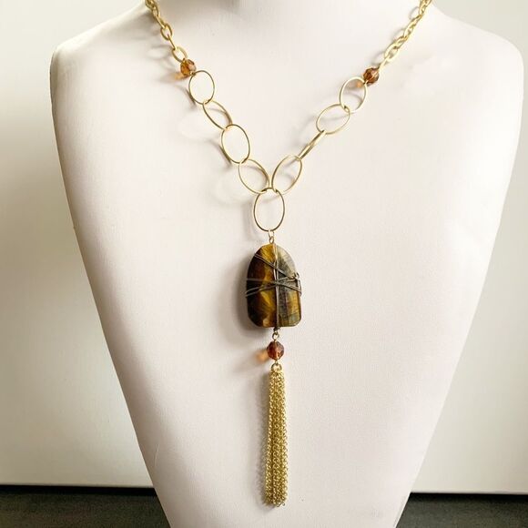 STATEMENT Tiger's Eye Stone Y Necklace - Picture 1 of 6